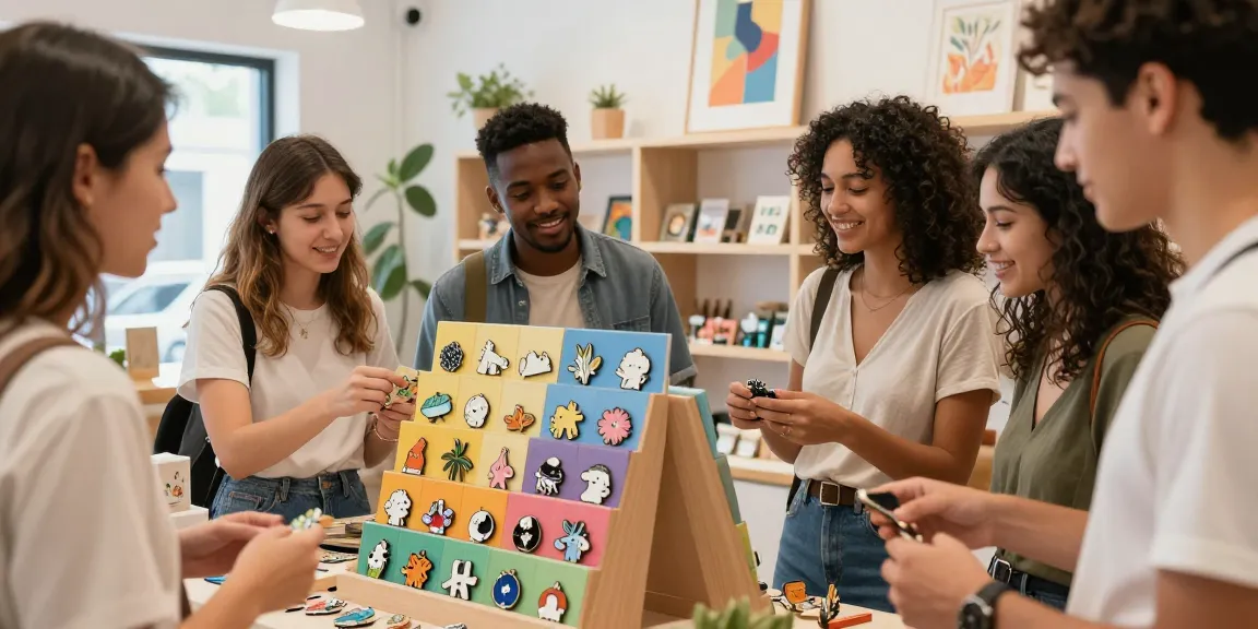 A lively shop scene featuring people exploring custom enamel pins in a trendy boutique.