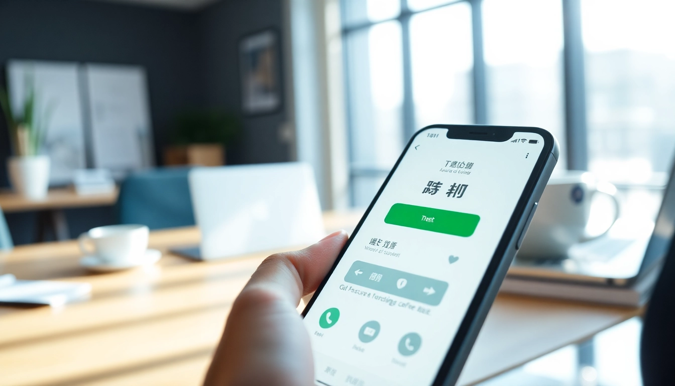 快连官网 app interface displayed on a smartphone in a modern office setting.