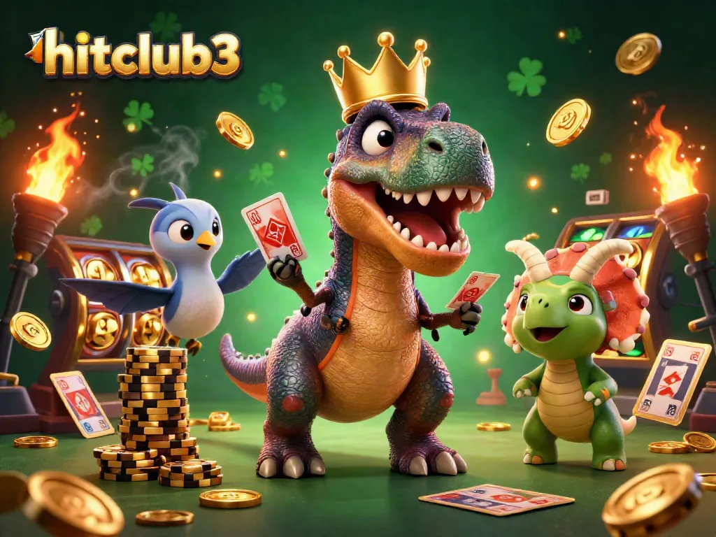 Experience thrilling action at hitclub3 with playful dinosaur characters amidst vibrant casino elements.
