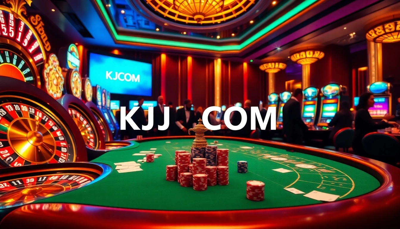 Players enjoying an exciting casino experience at KJC COM with poker chips and roulette wheels.