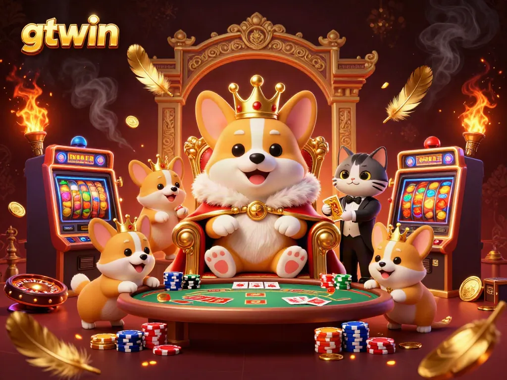 Experience the excitement of gtwin with a cartoon corgi on a poker throne, enriched with casino elements.