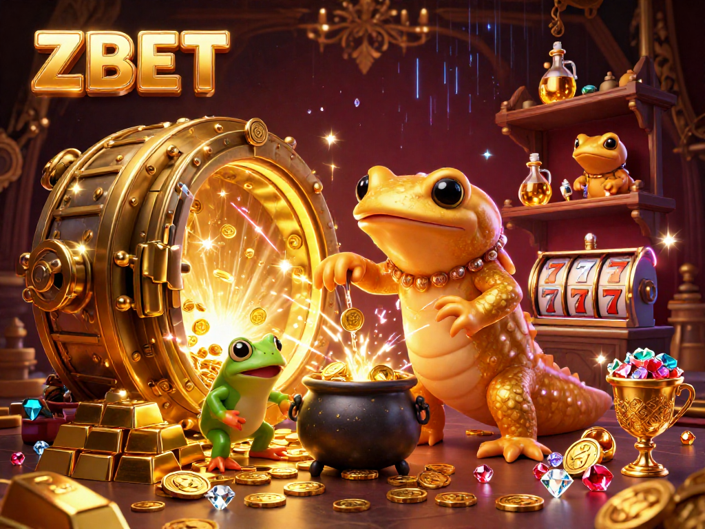 Experience thrilling gaming with ZBET, featuring a golden salamander alchemist amidst riches and vibrant casino elements.