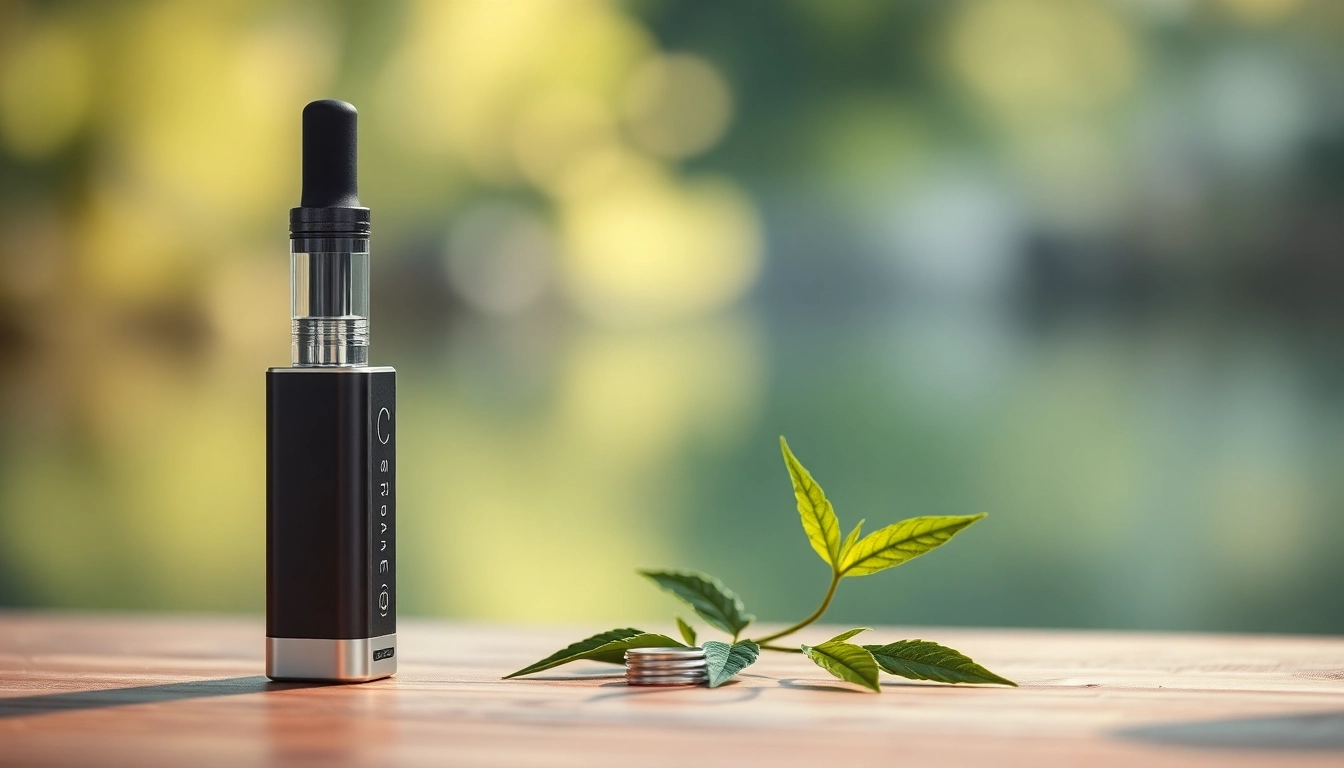 Buy DMT online with a sleek vape cartridge presented elegantly against a tranquil backdrop.