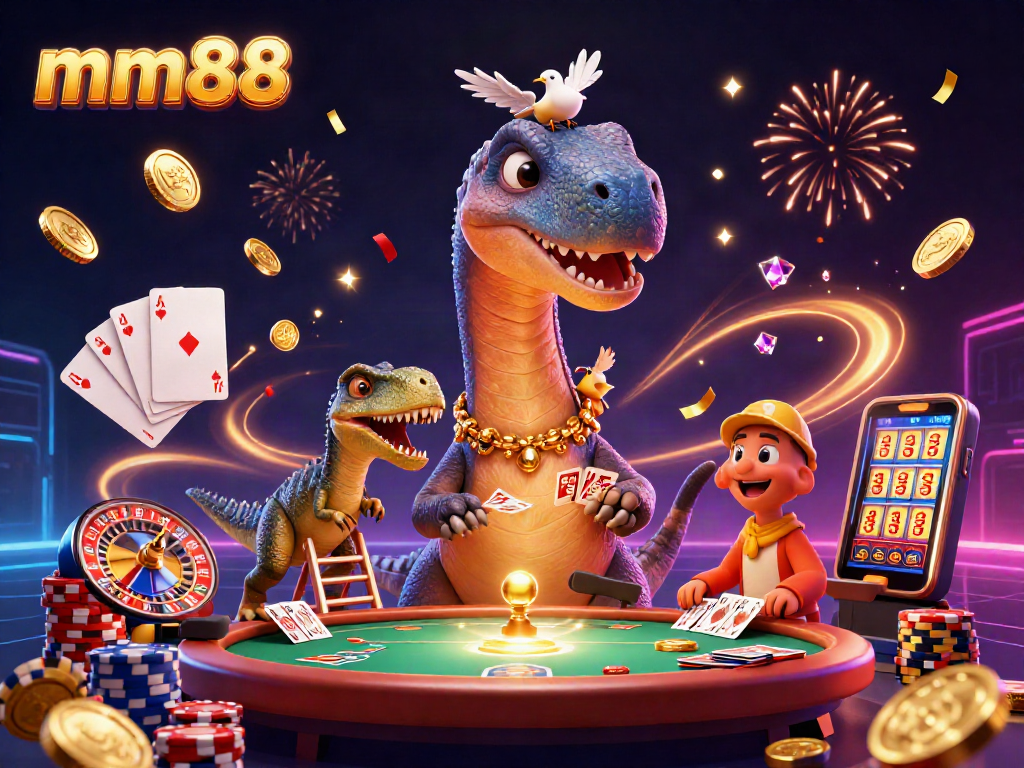 Experience exciting gameplay with mm88 as a colossal brontosaurus looms over a vibrant poker scene.