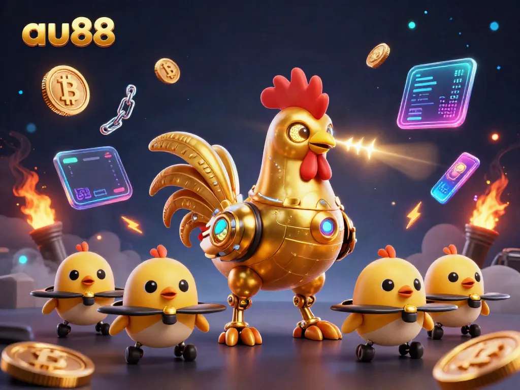 Engage in thrilling casino actions with au88's vibrant 3D gaming illustration featuring dynamic robotic and crypto elements.