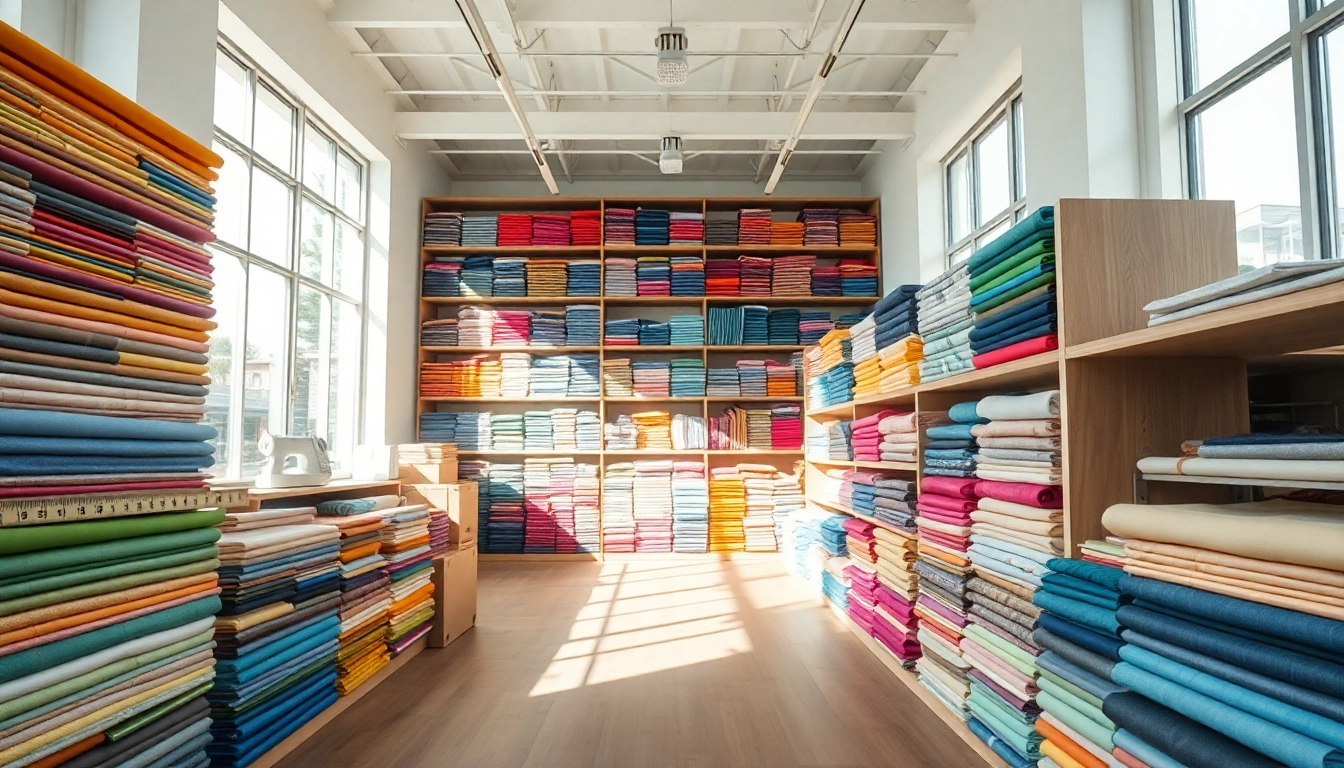 Stof kopen per meter in een kleurrijke stoffenwinkel met diverse materialen.