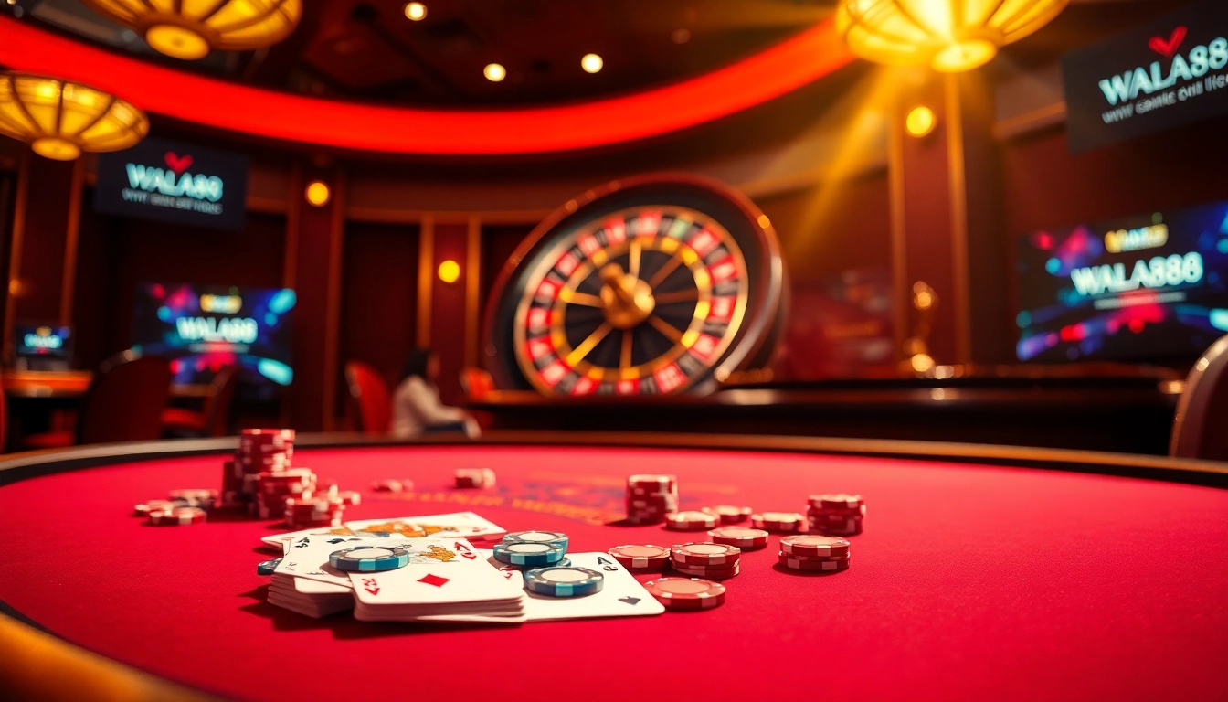 The vibrant casino scene showcases WALA88, featuring a poker table with colorful chips, and a spinning roulette wheel.