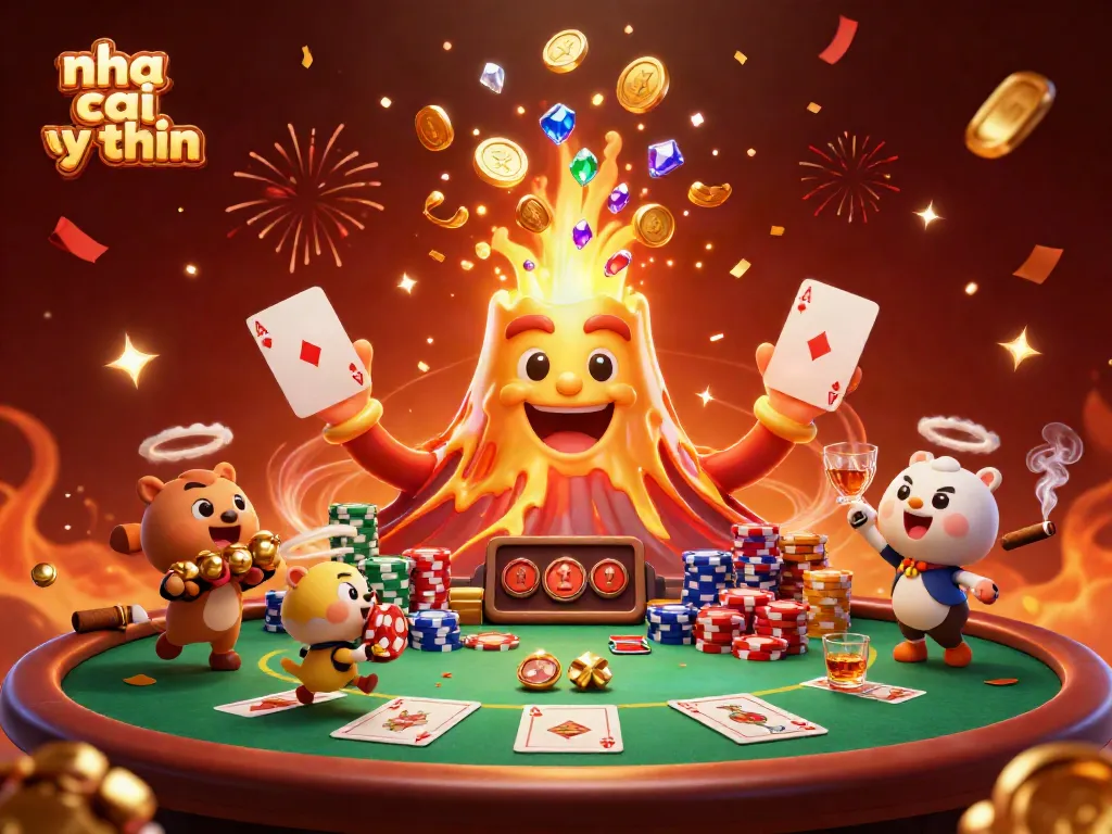 Experience excitement at nha cai uy tin as a golden volcano erupts treasures amidst a vibrant casino scene.