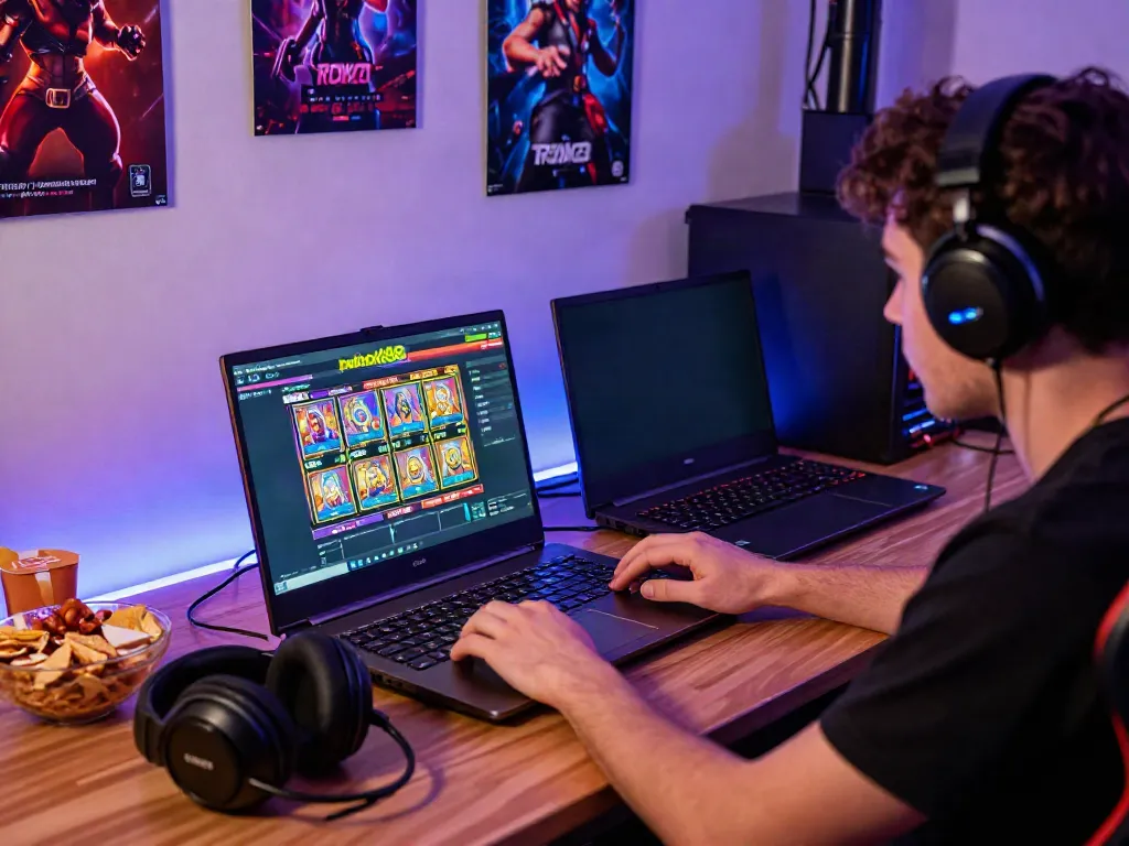 Player enjoying rokok88 slot login on a laptop with vibrant visuals and gaming accessories in a cozy room.