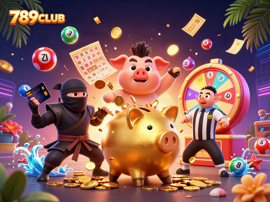 Experience thrilling action with 789CLUB in this vibrant casino-themed illustration showcasing games and excitement.