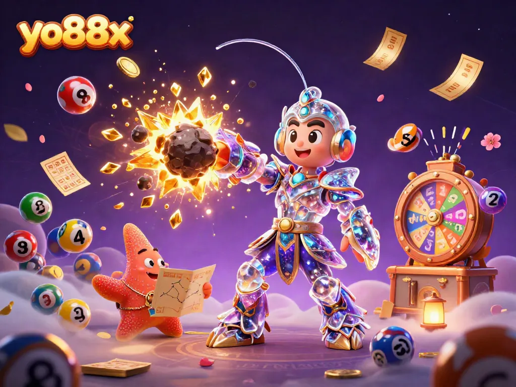 Engage with yo88x as the shrimp hero explores a vibrant casino world filled with lottery and gaming elements.
