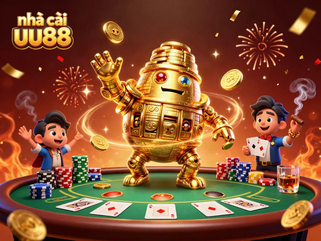Experience the excitement of nhà cái uu88 with its dynamic golden golem mascot amidst a vibrant casino atmosphere.