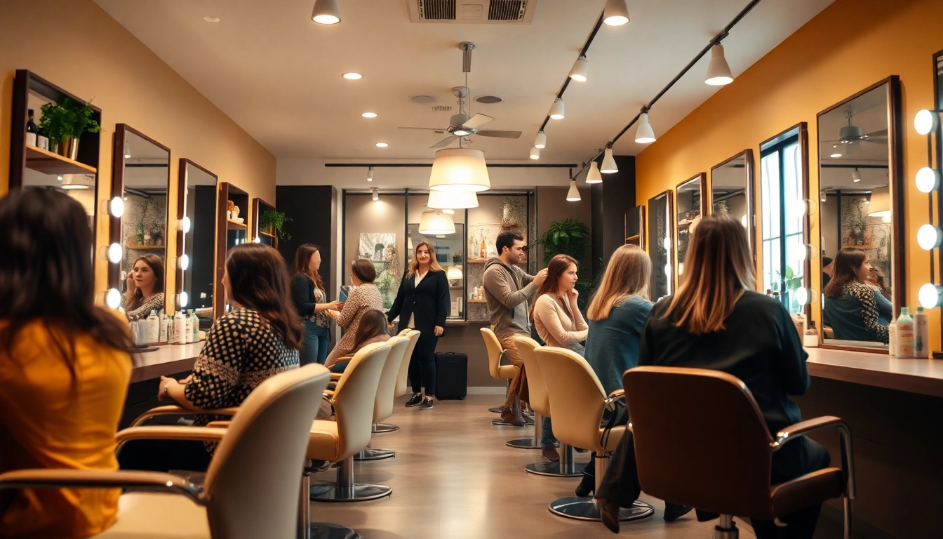 Modern hair salon scene showcasing friendly stylists providing haircuts near me.