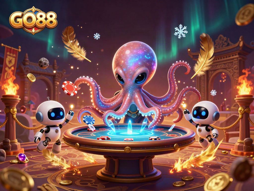 GO88 alien octopus engages players at a holographic poker table, showcasing vibrant casino action.