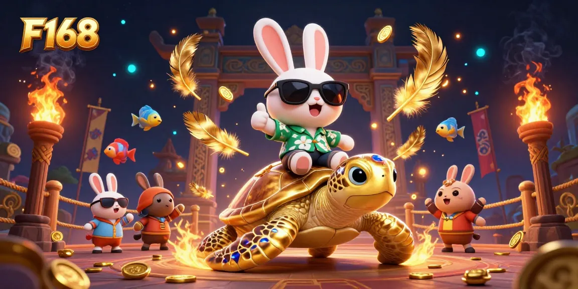 Spin with F168 in this vibrant, lucky rabbit-themed casino illustration showcasing fun elements.