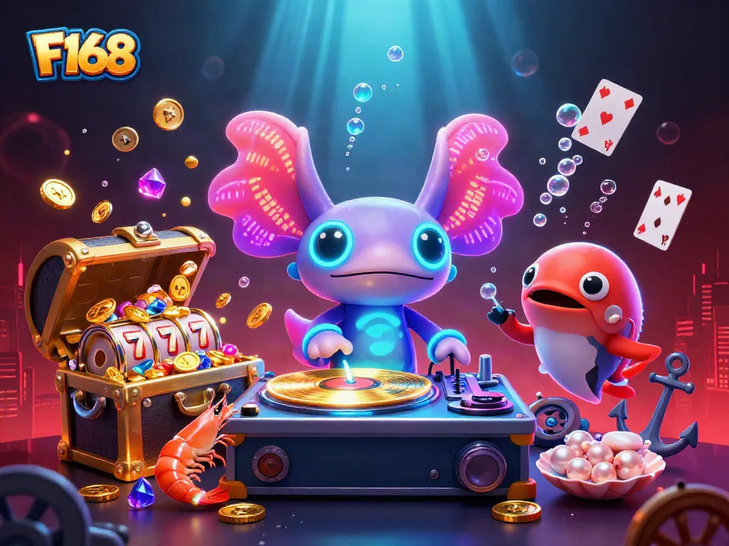 Experience F168's vibrant casino scene with colorful characters and engaging game elements.