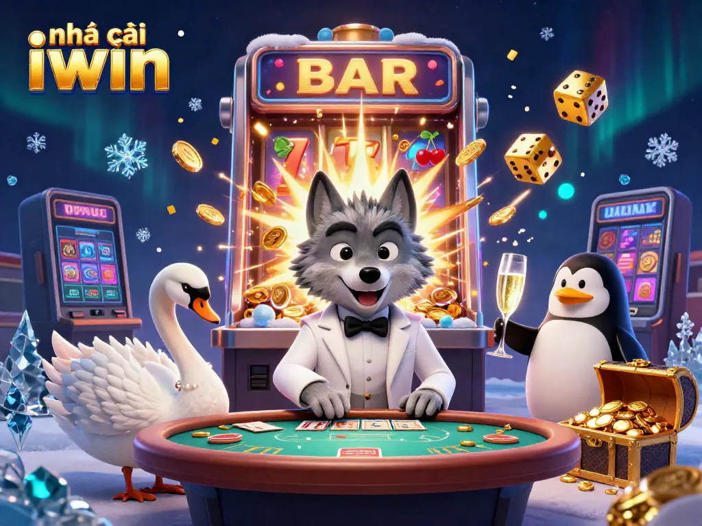Engage with the vibrant scene of nhà cái iwin featuring a wolf, swan, and penguin at a baccarat table surrounded by colorful casino elements.