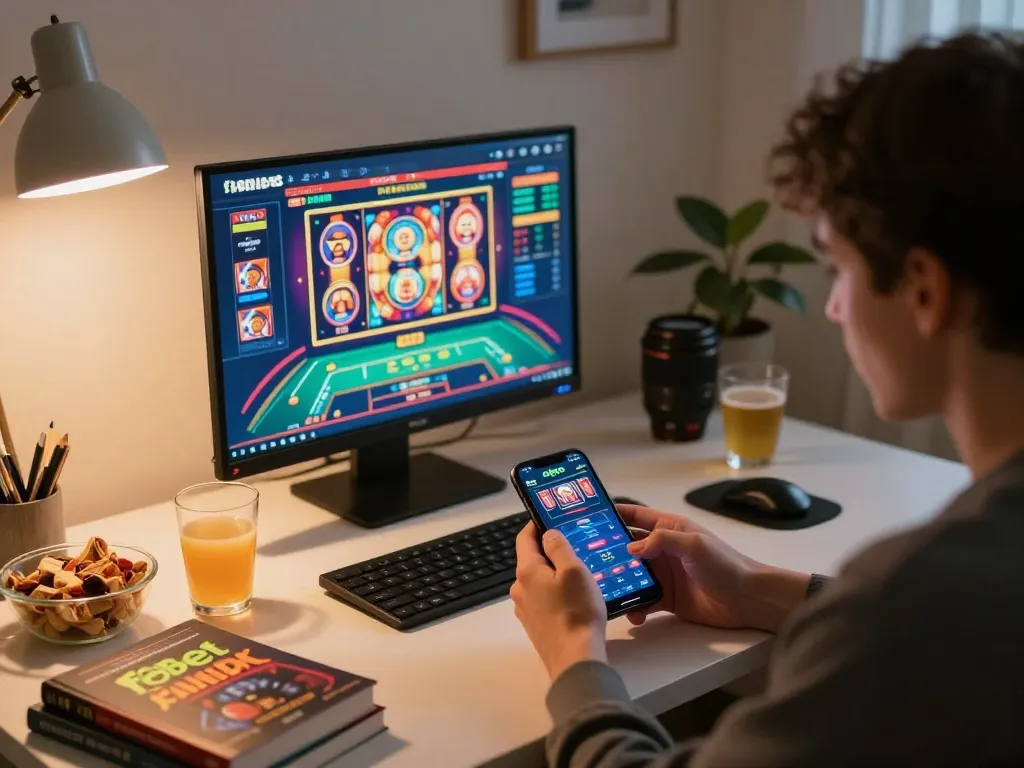 Enjoying a gaming session on f8bet with a smartphone in a cozy home office atmosphere