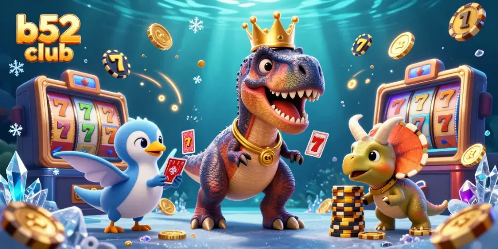 B52 Club characters engage in casino excitement with a T-Rex shuffling cards and a pterodactyl assisting, enhancing the vibrant gaming atmosphere.