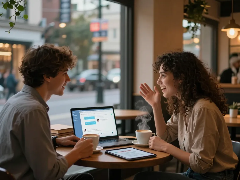 Engaging couple exploring girlfriend AI chat in cozy urban café atmosphere