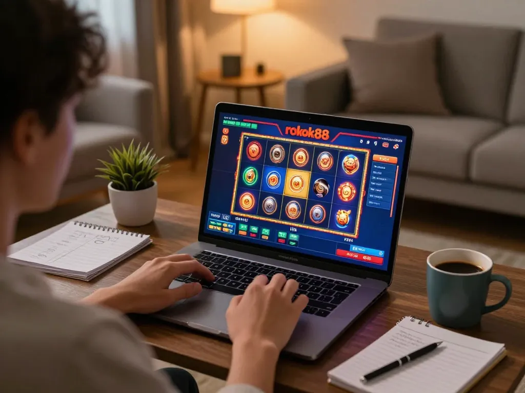 Experience thrilling gameplay with rokok88 slot on a laptop in a cozy home setting.