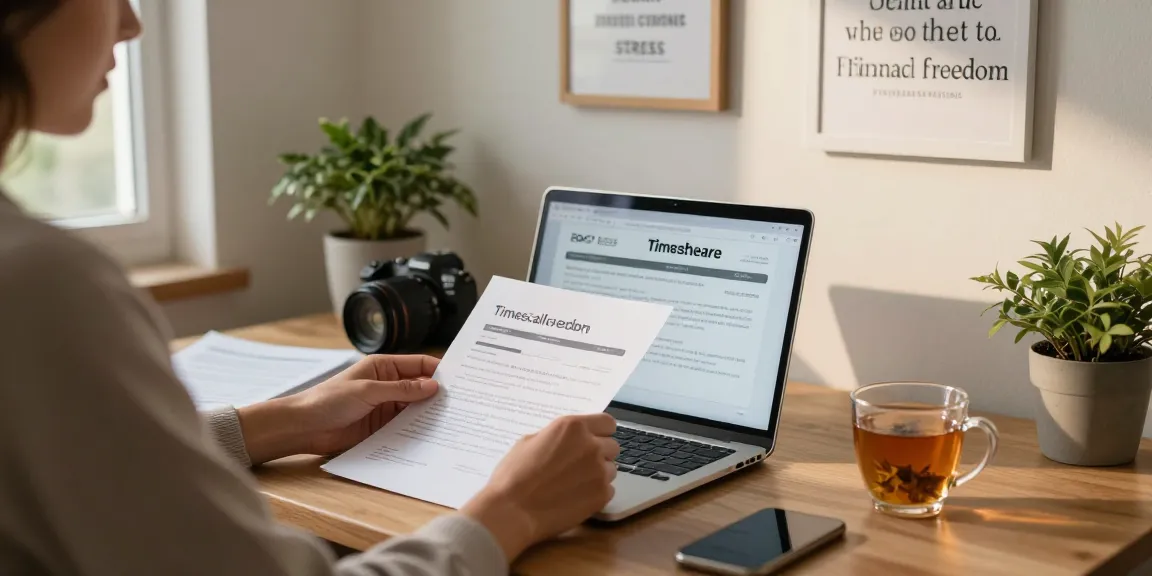 Person reviewing timeshare cancellation paperwork, planning to cancel my timeshare in a cozy home office.