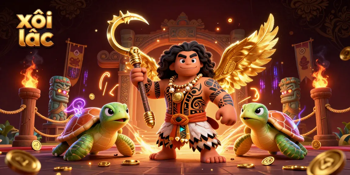 Experience thrilling xôi lạc actions surrounded by glowing tiki statues, golden coins, and dynamic casino elements.