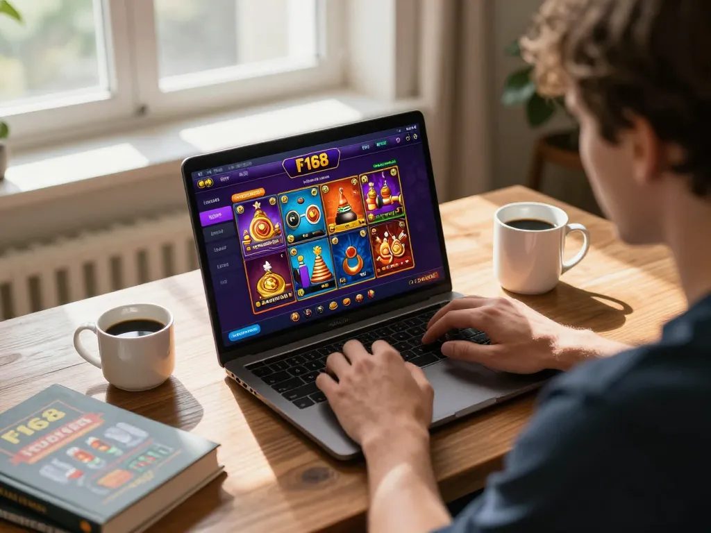 Engaging with https://f168.win/ online casino interface at home, showcasing vibrant games and strategic focus.