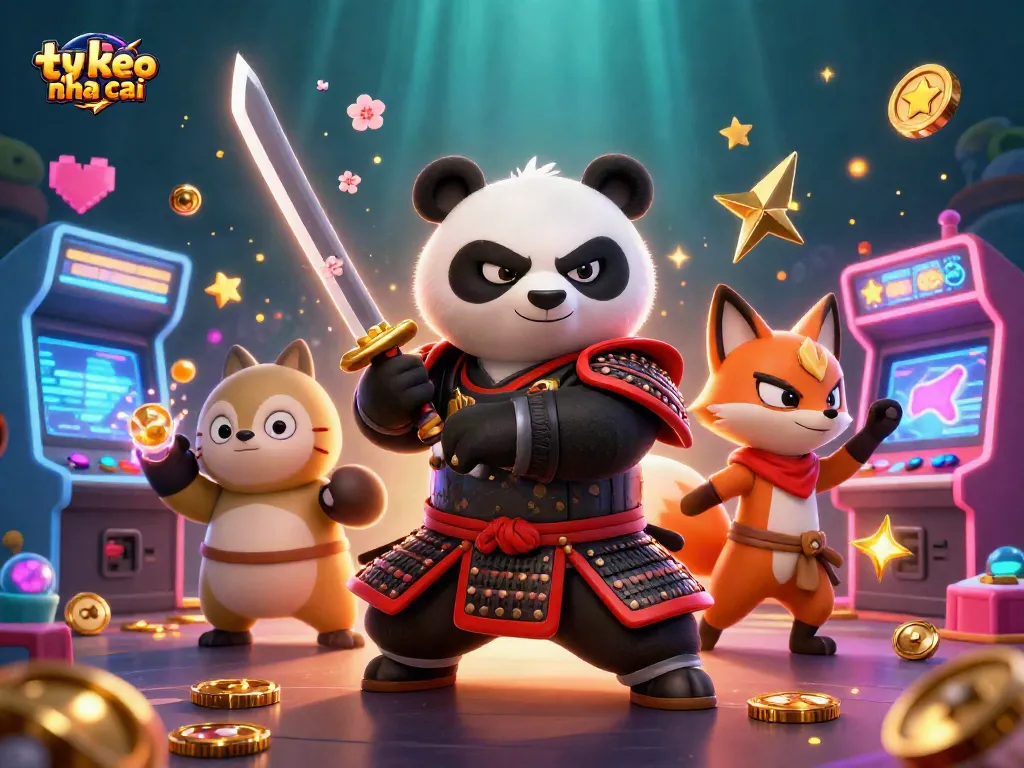 Engage in dynamic betting with ty le keo nha cai showcased through samurai panda, ninja fox, and spirit tanuki.
