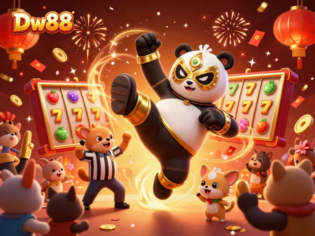 Experience the excitement of Dw88, where a panda wrestler and cheering animals celebrate jackpot wins in a vibrant casino.