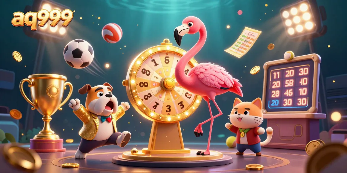 A lively scene showcasing aq999 with a game show host flamingo, excited bulldog contestant, and scoreboard cat assistant amidst dynamic sports elements.