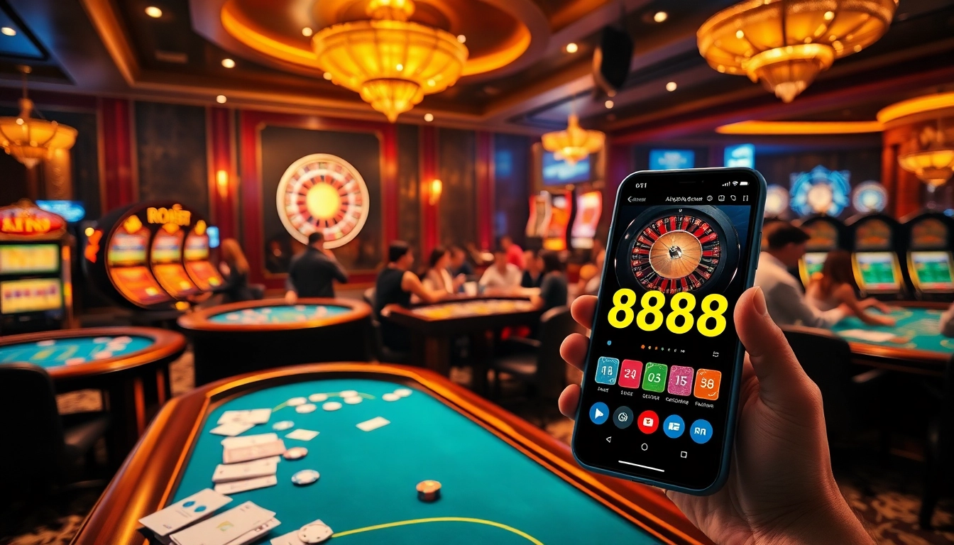 A vibrant online gambling scene with players at tables and a mobile device displaying https://ae888a.ru.com/ interface.