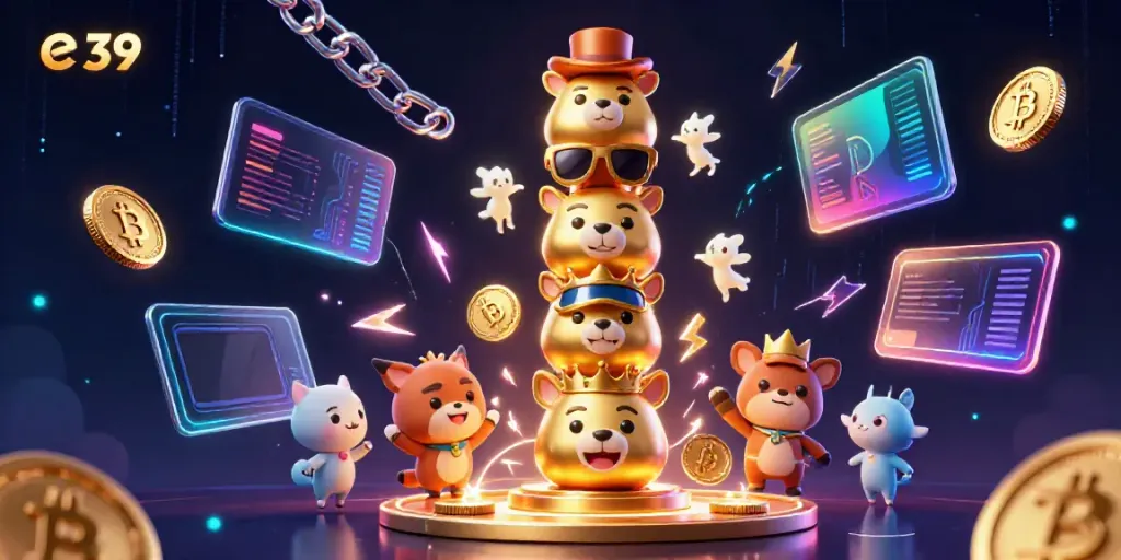 Spin to win with the vibrant e 39 themed casino scene featuring a golden totem pole and crypto elements.