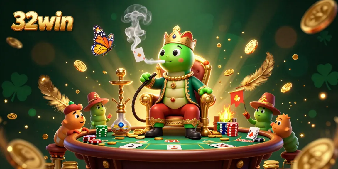 Experience thrilling poker action with 32win's immersive gaming scene of a whimsical caterpillar dealer.