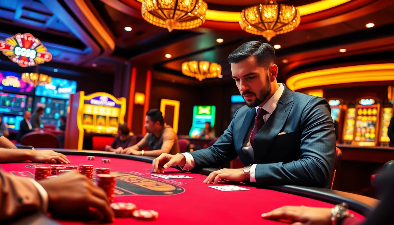 Experience the excitement of GG88 COM with vibrant casino gaming action featuring poker chips and players.