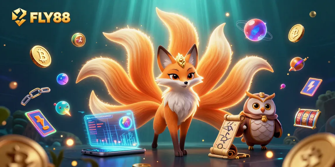 Win big with FLY88's vibrant casino scene featuring a nine-tailed fox and glowing crypto elements.