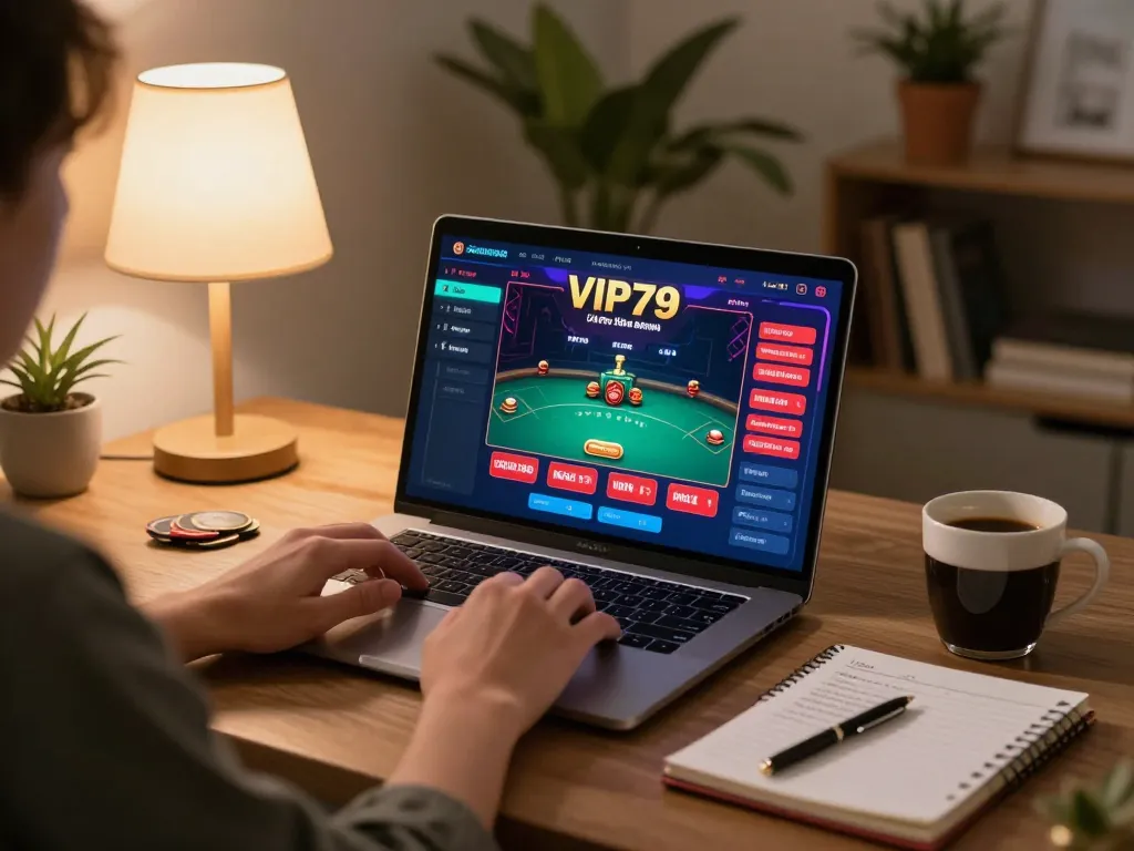 Player engaged in VIP79 online gaming, showing poker interface on laptop with strategic notes and warm ambient lighting.