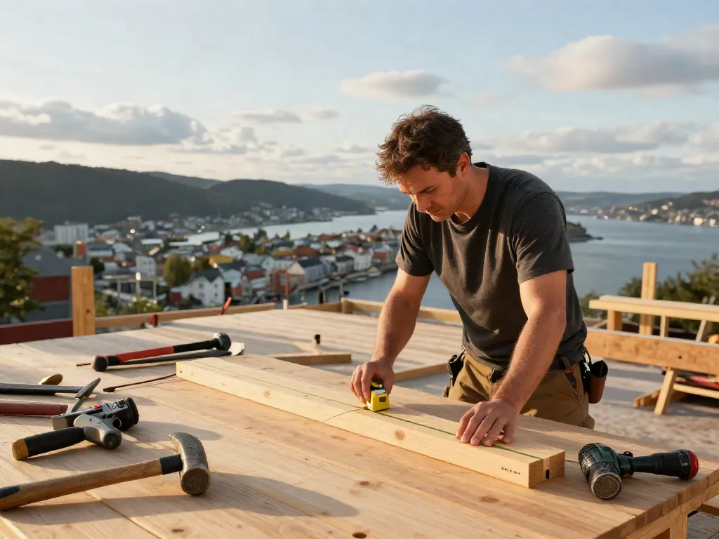 Bygg Bergen construction site with carpenter measuring wood, tools around