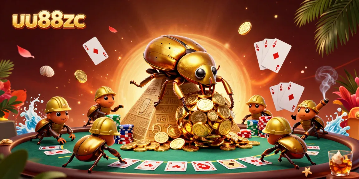Experience the excitement of uu88zc with a dynamic illustration showcasing golden beetles in a casino setting.