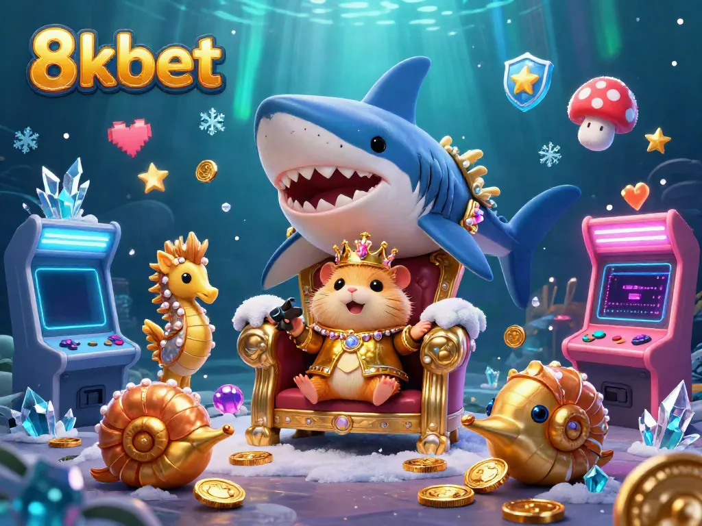 Experience thrilling adventures at 8kbet with dynamic casino game visuals featuring a cartoon hamster king and gold accents.