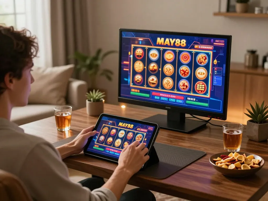 MAY88 user enjoying online casino games on tablet in a cozy home setup.