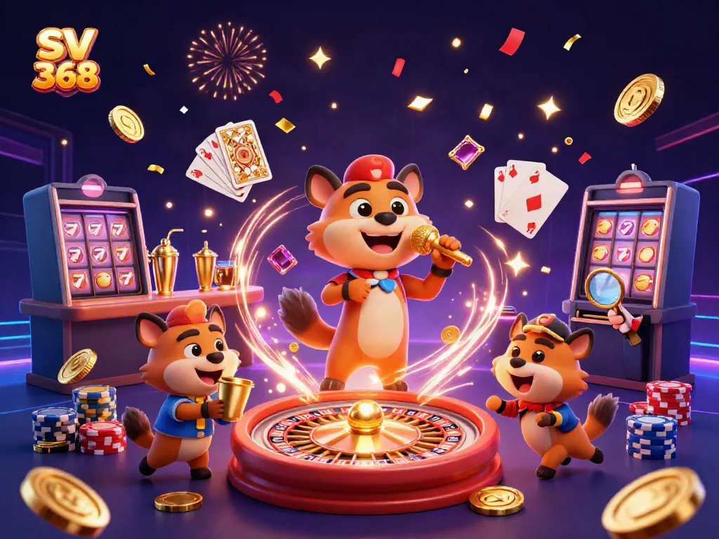 Engage in the vibrant SV 368 casino scene featuring lively hyenas amidst sparkling coins and roulette action.