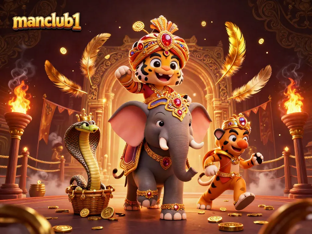 Experience thrilling online gaming with manclub1 amidst a vibrant 3D casino scene featuring a royal tiger and an elephant.