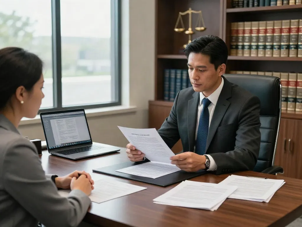 DUI lawyer in Cobb County, GA consulting with a client in a modern legal office setting.