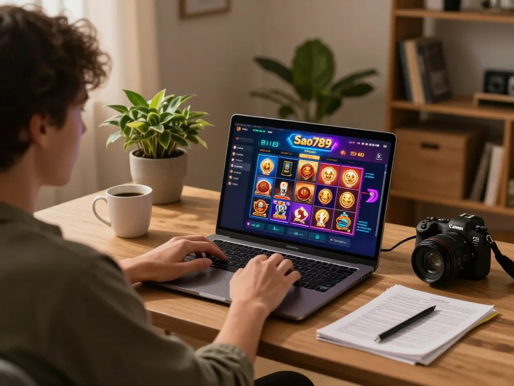 Sao789 player engaged in online casino gaming at home, showcasing vibrant interface and cozy setup.
