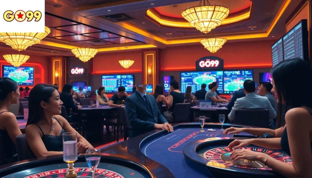 GO99 online casino scene with vibrant lighting and engaging players at tables.