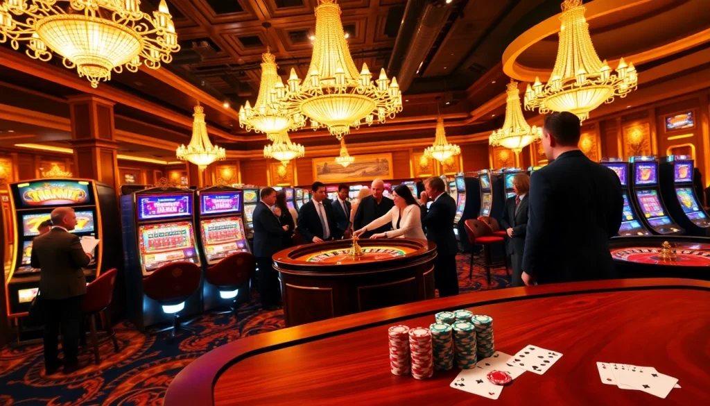 UU88 casino scene with patrons at a roulette table and vibrant slot machines.