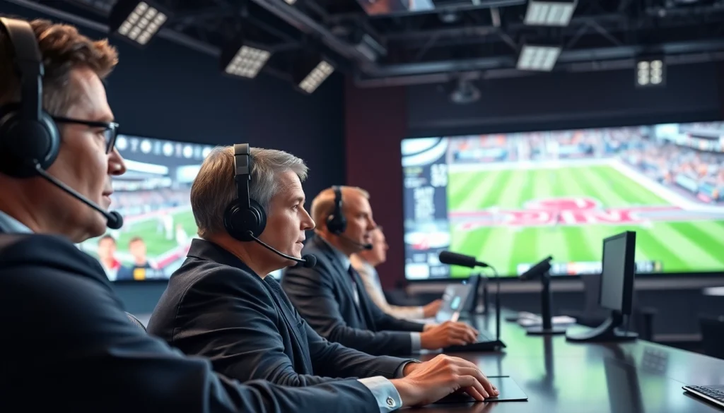 Commentators discussing Sports Broadcasting in a dynamic studio during a live match.
