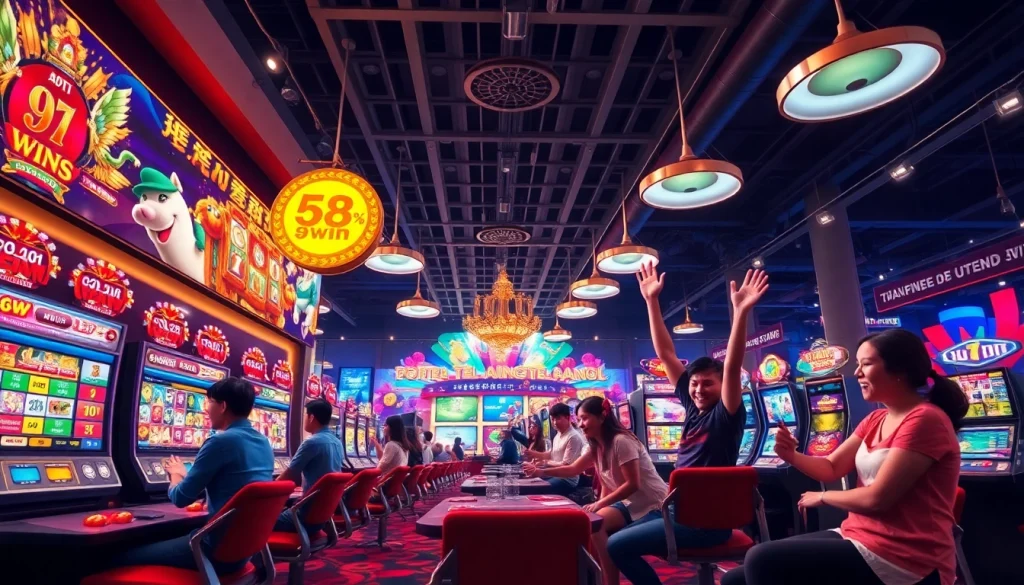 Exciting gaming atmosphere at 98win online casino with players celebrating wins.