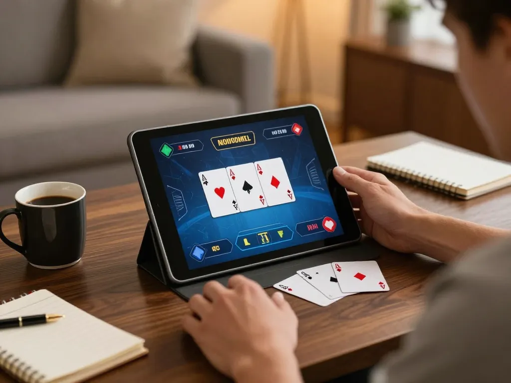 Engaging scene showing online gameplay at trang chủ dn88 with player strategizing on a tablet in a cozy setting.
